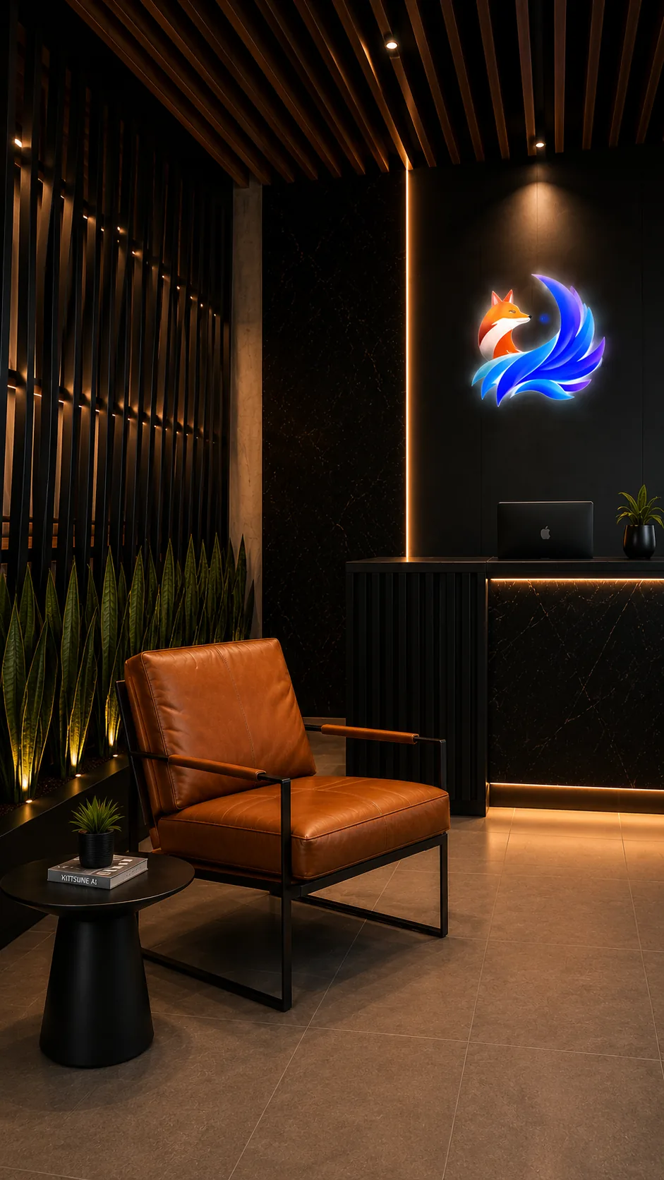 The Kitsune AI reception — glowing fox wall