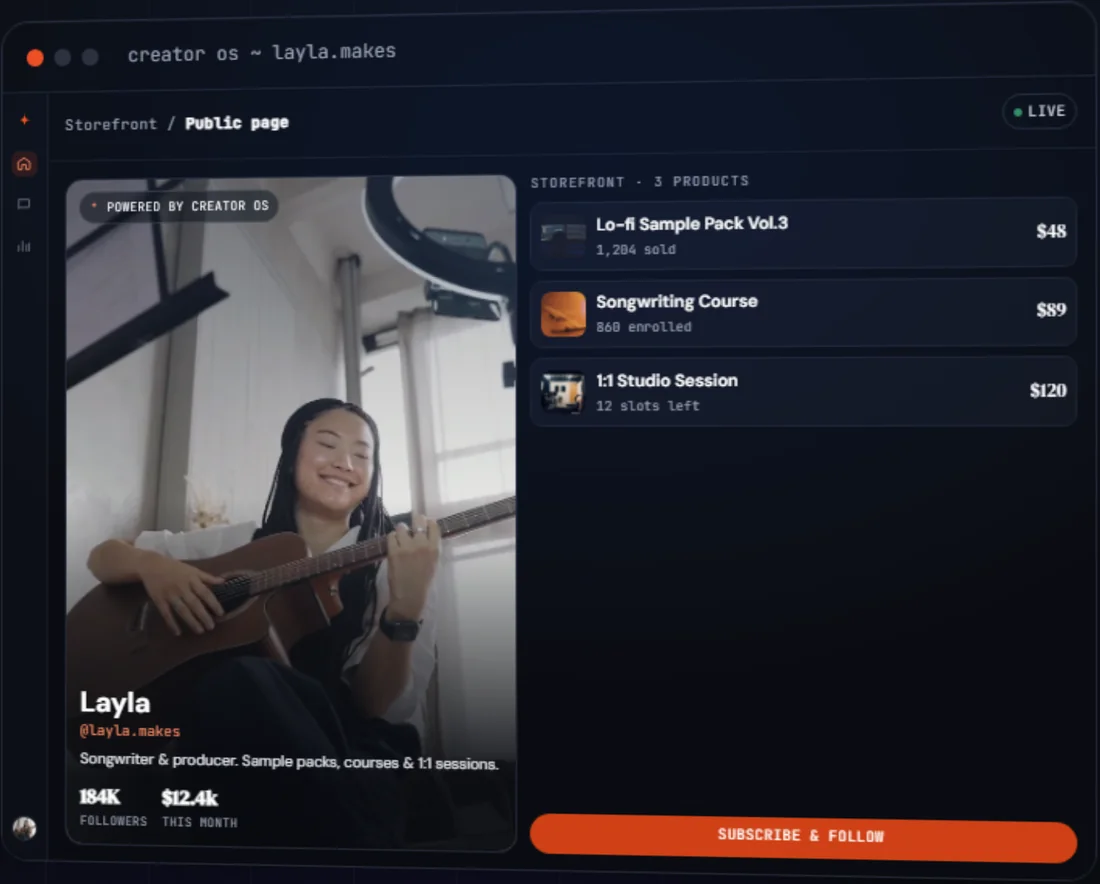 Creator OS storefront listing products, prices and sales